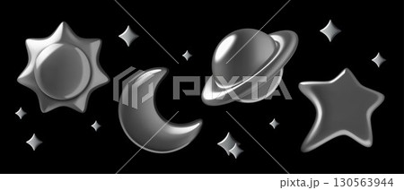 Space 3d chrome stickers including planet stars sun and crescent moon on black background 130563944