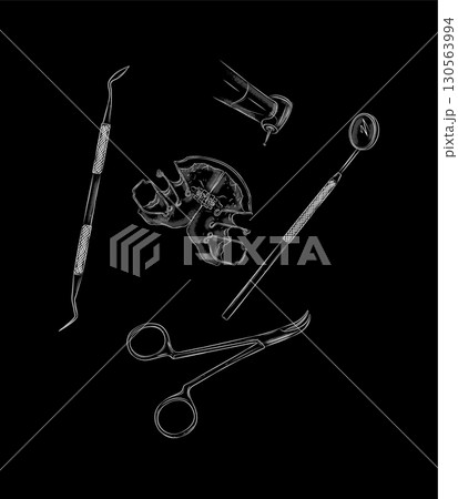 Orthodontic align teeth plate with dental examination tools black Orthodontic align teeth plate with dental examination tools black 130563994