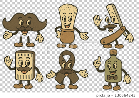 Vintage Animated illustration mascots with mustaches and accessories, movember theme. Isolated on transparent background 130564243