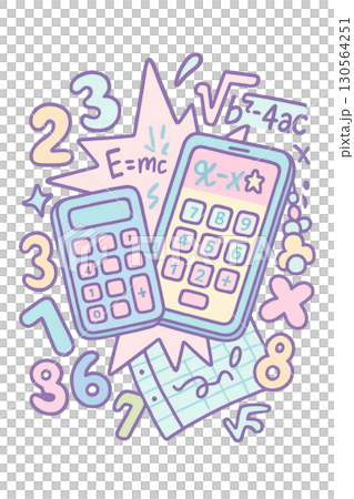Back to school theme with colorful calculators and math symbols, isolated, transparent 130564251