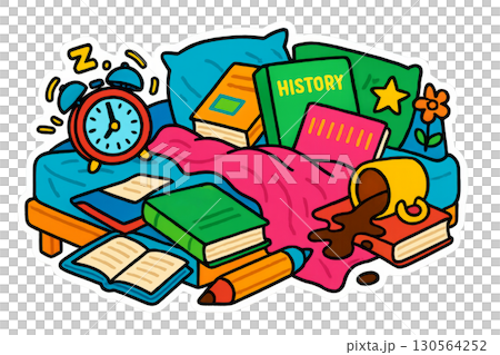 Back to school concept with books and alarm clock on bed, maximalist style. Isolated on transparent background 130564252