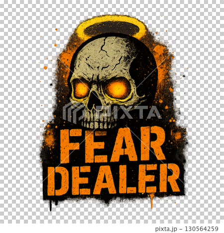 Halloween gothic grunge skull with orange text on black splatter background. Isolated on transparent background 130564259