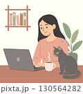 Woman working on laptop at home office desk with cat and coffee illustration 130564282