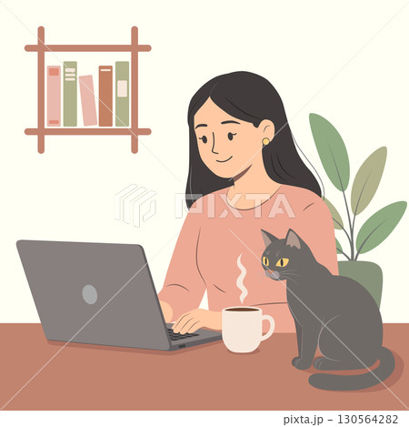 Woman working on laptop at home office desk with cat and coffee illustration Woman working on laptop at home office desk with cat and coffee illustration 130564282