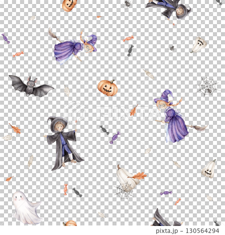Seamless pattern Trick or treat for Halloween. Repeat background with wizard, fairy or witch on a broomstick, ghost and pumpkin. Hand drawn fantasy illustrations for kid's for repeat print design Seamless pattern Trick or treat for Halloween. Repeat background with wizard, fairy or witch on a broomstick, ghost and pumpkin. Hand drawn fantasy illustrations for kid's for repeat print design 130564294