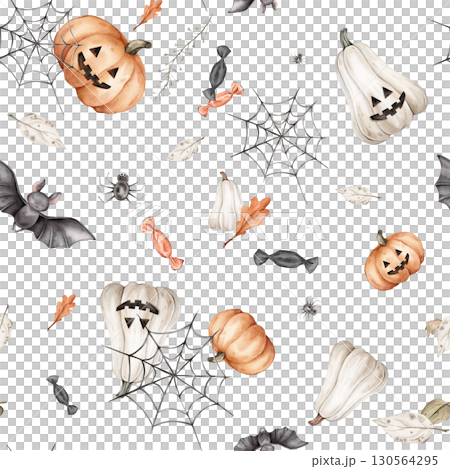This Halloween pattern with various iconic elements bats and pumpkins. Seamless background perfect for use in textiles, wallpapers, and festive decorations with spider web with spider and candies. This Halloween pattern with various iconic elements bats and pumpkins. Seamless background perfect for use in textiles, wallpapers, and festive decorations with spider web with spider and candies. 130564295