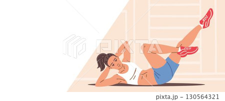 Woman doing bicycle crunch exercise fitness banner Woman doing bicycle crunch exercise fitness banner 130564321