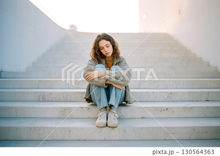 A woman sits on a set of stairs, looking down at her feet 130564363