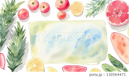 水彩画　まな板の周りの野菜と果物 130564471