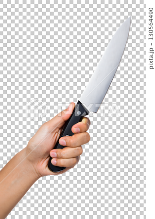 Hand holding sharp stainless steel chef's knife, professional kitchen tool isolated on transparent background 130564490
