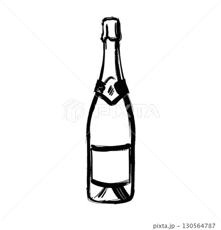Sketch of Standing Champagne Bottle in Hand-Drawn Style 130564787