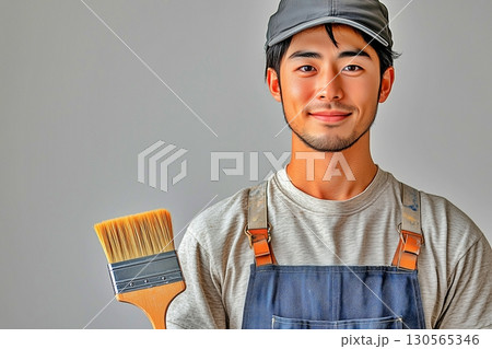 ペンキ塗装をする作業服を着た男性 130565346