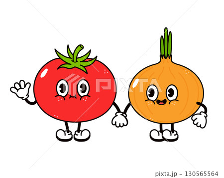 Cute cartoon tomato and onion characters holding hands 130565564