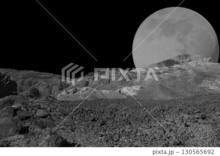 Asteroid and Planet. Black horizon background Asteroid and Planet. Black horizon background 130565692