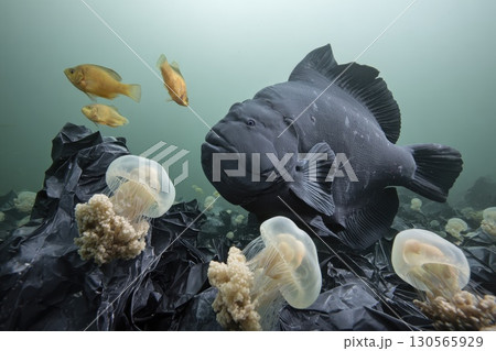 Wide Angle Underwater Scene Featuring Fish and Jellyfish in a Murky Environment 130565929