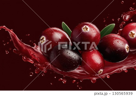 Juicy Cranberry Halves on Bold Red Background with Splashes of Fresh Juice and Leaves Juicy Cranberry Halves on Bold Red Background with Splashes of Fresh Juice and Leaves 130565939