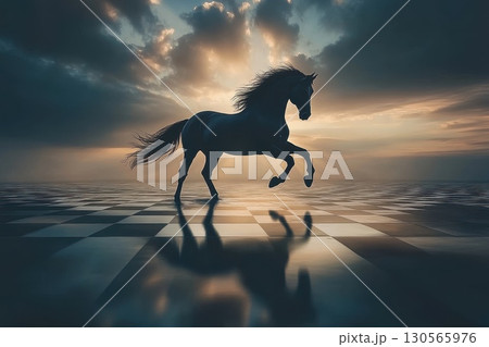 Elegant Horse Galloping Gracefully with Extended Legs in Dramatic Sky Setting 130565976