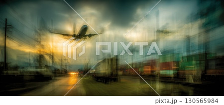 Abstract Layered Scene of Airplane Landing Over Transportation Hub at Golden Hour 130565984