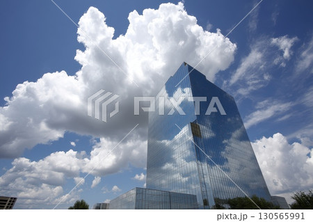 Modern Sleek Glass Skyscraper with Geometric Facade Reflecting Clouds and Blue Sky 130565991