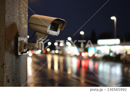 Sleek Modern CCTV Camera Mounted on Wall with Blurred Urban Background at Night 130565992