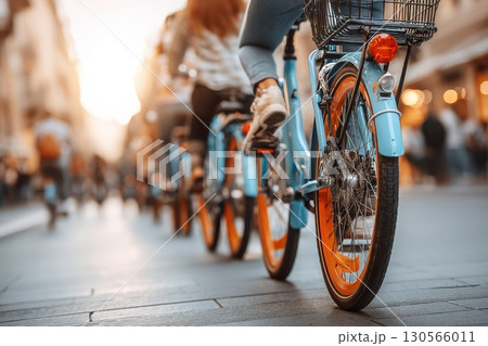 Group of People Participating in Bike Sharing Program During Sunset in Urban Setting Group of People Participating in Bike Sharing Program During Sunset in Urban Setting 130566011