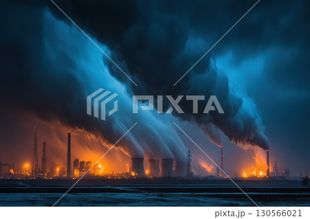 Smokeless Chimneys in Industrial Landscape Under Dramatic Cloudy Skies and Night Reflections 130566021