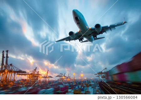 Airplane Soaring Over Rooftop Office with Open Sky and Industry Scene at Sunset Airplane Soaring Over Rooftop Office with Open Sky and Industry Scene at Sunset 130566084