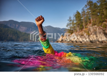 Fist Emerges from Water, Symbolizing Strength and Resilience Amidst Vibrant Colors 130566092