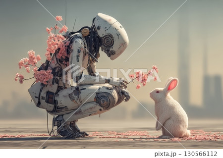 Sleek humanoid robot crouched among pink cherry blossoms in a futuristic landscape 130566112