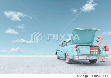 Vintage Car at Beach with Open Trunk and Inflatable Flamingo in a Bright Sky 130566114