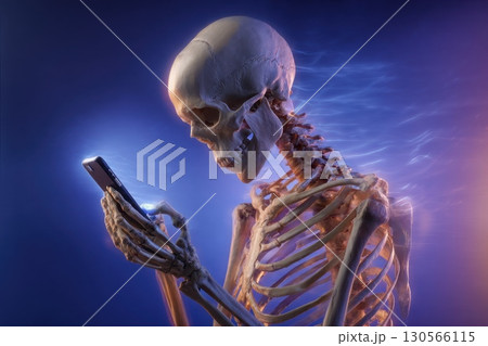 Skeleton Engaged with Smartphone Display, Immersed in Endless Scrolling Activity 130566115