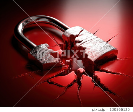Broken Padlock Symbolizing Security Breach and Alert for Cyber Threats 130566120