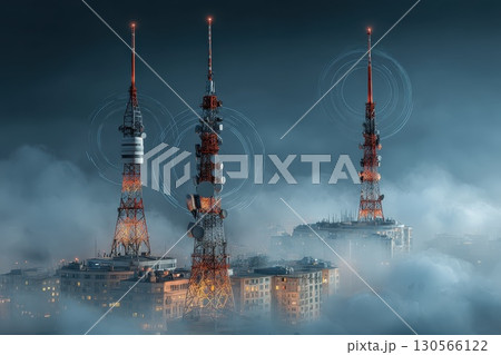 Realistic Aerial View of Broadcasting Facility at Night with Communication Towers in Fog Realistic Aerial View of Broadcasting Facility at Night with Communication Towers in Fog 130566122