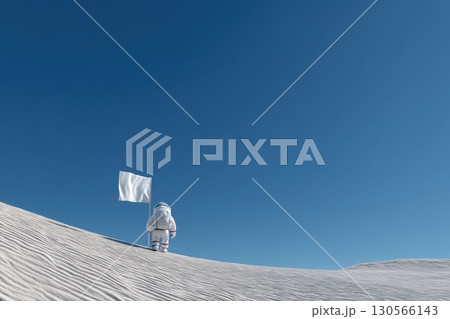 Determined Astronaut Scaling Mountainous Terrain with a White Flag Against a Clear Blue Sky 130566143