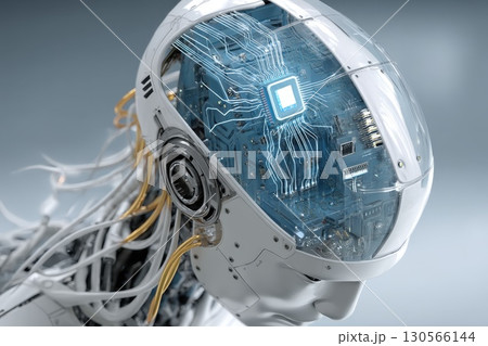 Robot with Transparent Head Showing Microchips and Circuitry for Futuristic Technology Concepts 130566144