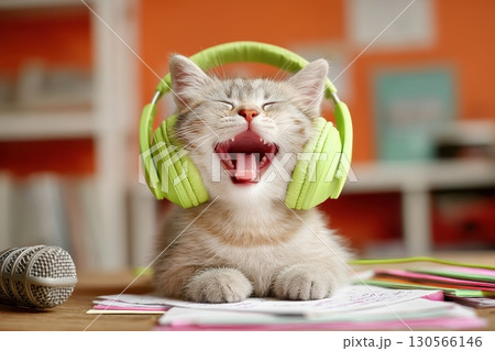 Cute Little Kitten Wearing Bright Green Headphones While Sitting on a Colorful Desk Cute Little Kitten Wearing Bright Green Headphones While Sitting on a Colorful Desk 130566146