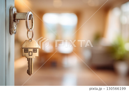 Key in Lock with Wooden House Keychain Hanging from Door in Cozy Home Interior Key in Lock with Wooden House Keychain Hanging from Door in Cozy Home Interior 130566199