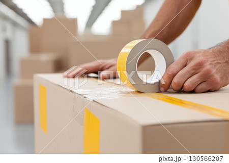 A man is wrapping a box with tape A man is wrapping a box with tape 130566207