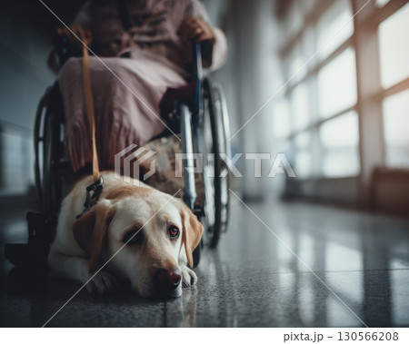 A woman in a wheelchair is holding a leash with a dog on it 130566208