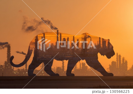 Silhouette of a Tiger Blended with Oil Drilling Rigs Amidst a Vibrant Sunset Background Silhouette of a Tiger Blended with Oil Drilling Rigs Amidst a Vibrant Sunset Background 130566225