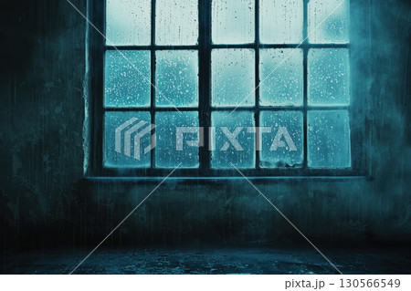 rainy window with water droplets creates cool blue atmosphere, featuring large empty center 130566549