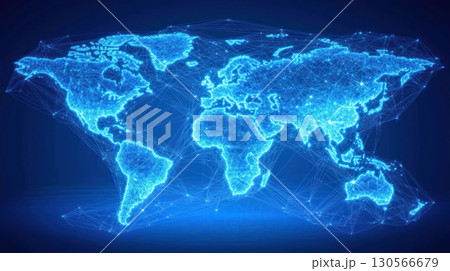 Global network map with glowing connections representing data flow and communication. Ideal for technology and business themes 130566679