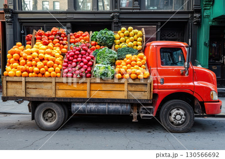 delivery truck filled with vibrant fruits and vegetables on city street 130566692