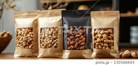 Nuts bags in resealable packaging, perfect for travelers and convenience stores. Enjoy variety and freshness 130566693