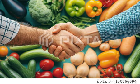 Handshake between farmer and distributor over fresh vegetables deal 130566694