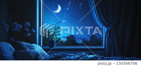serene bedroom scene with open window revealing starry night sky, moonlight casting gentle glow, and sense of tranquility 130566706