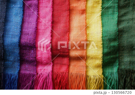 Interwoven rainbow threads creating vibrant fabric texture symbolizing unity and diversity 130566720
