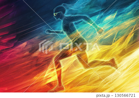 Speed lines around marathon runner symbolize energy and motion in vibrant colors 130566721