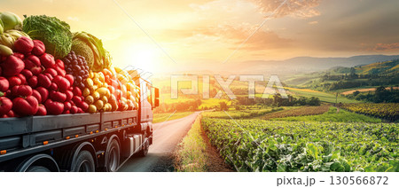 Fresh produce delivery truck driving through scenic rural landscape at sunset 130566872