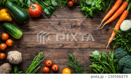 Fresh vegetables arranged on wooden table, showcasing vibrant colors and textures. Perfect for healthy cooking inspiration 130566879